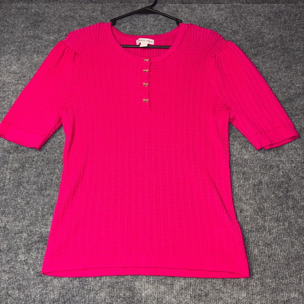 024 Carolyn Taylor Henley Sweater Womens‎ XL Hot Pink Excellent Gold Bow Buttons